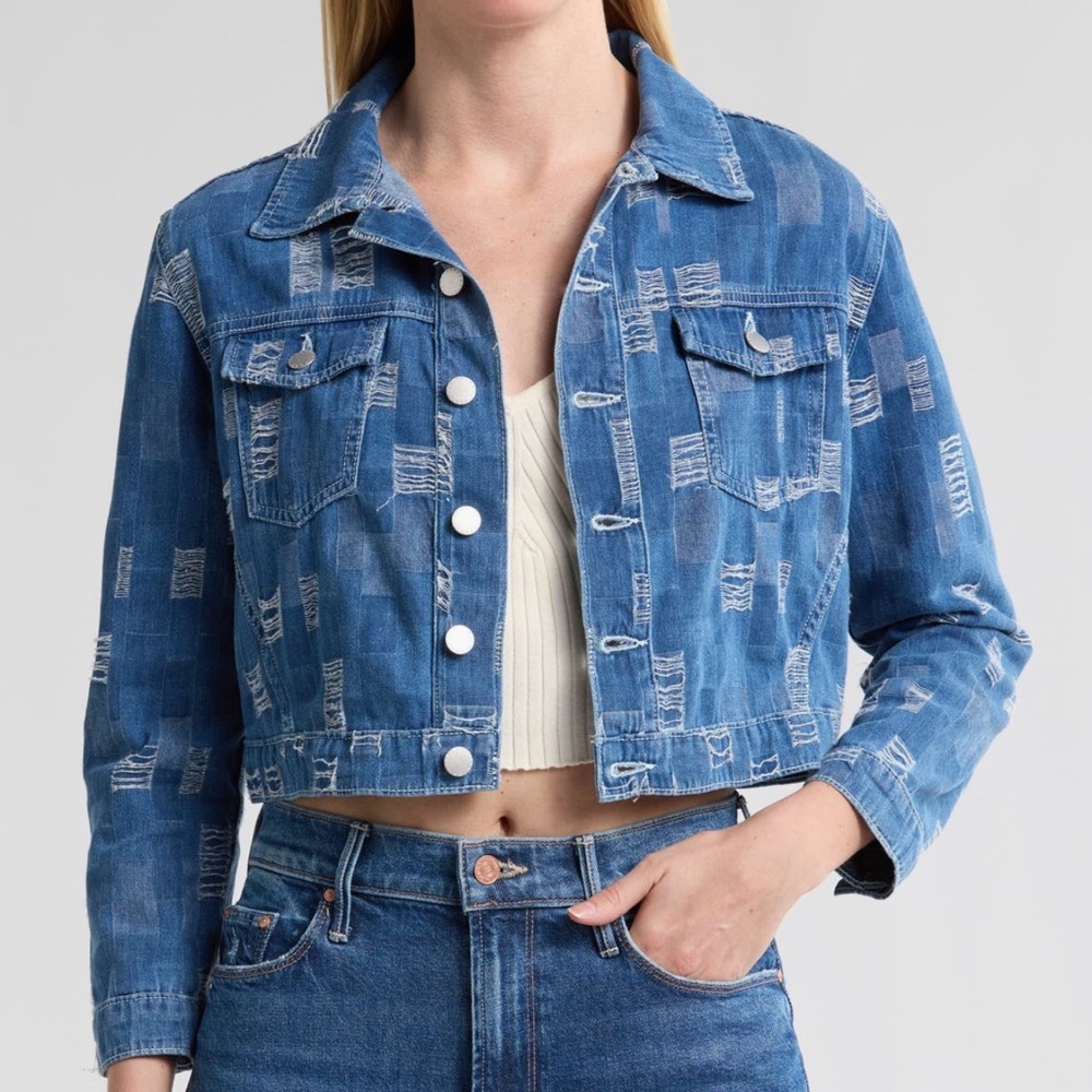 L’AGENCE Koda Cropped Denim Jacket Distressed Patchwork S NWT